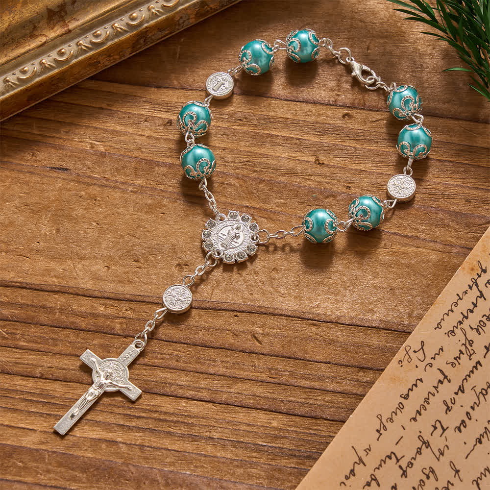 Filigree Wrapped Gloss Beads St.Benedict Clasp Rosary For Car & Pocket Travel