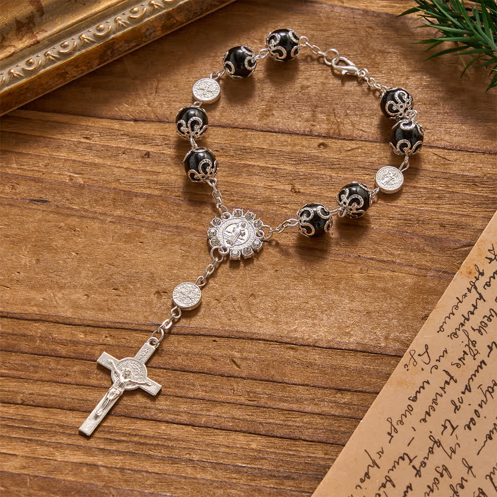 Filigree Wrapped Gloss Beads St.Benedict Clasp Rosary For Car & Pocket Travel