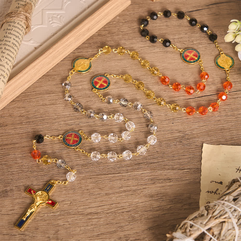 Vibrant Multi-Tone Glass Saint Benedict Rosary: For Chapel Worship & Daily Handheld Prayer