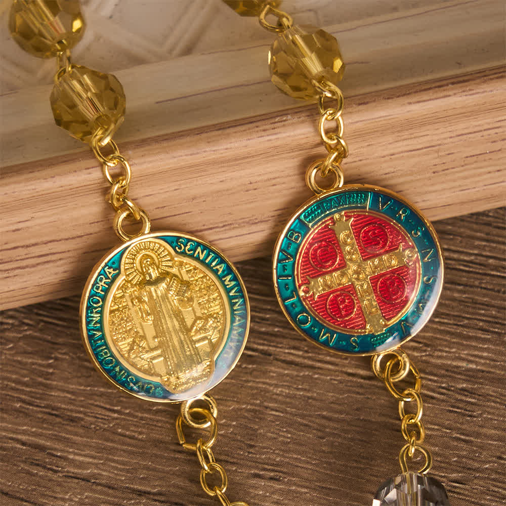 Vibrant Multi-Tone Glass Saint Benedict Rosary: For Chapel Worship & Daily Handheld Prayer