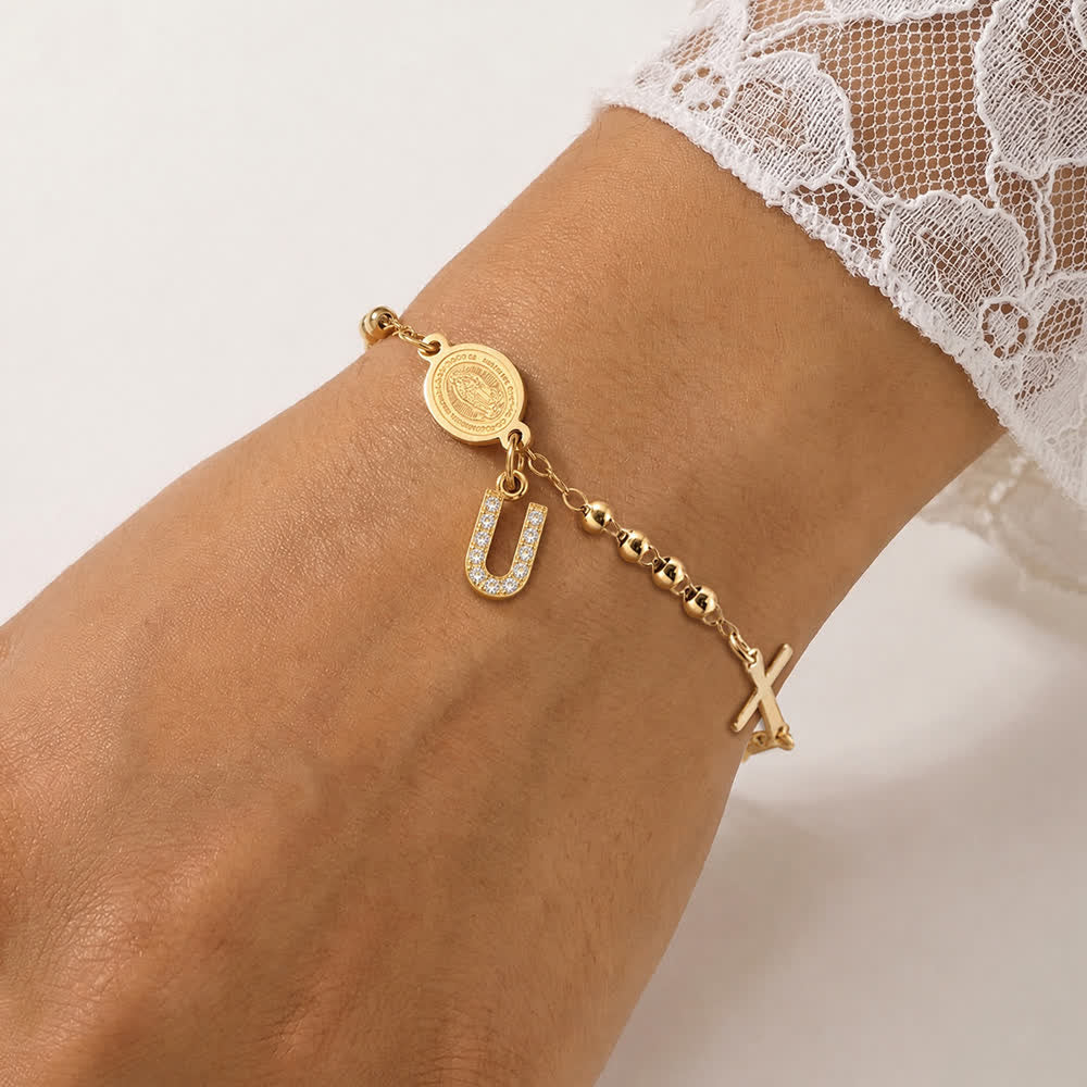 Customizable 26 Letter Paved Zircon Initial Beaded Rosary Bracelet With Our Lady Miraculous Medal