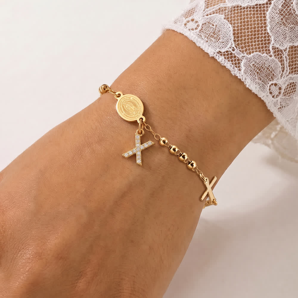 Customizable 26 Letter Paved Zircon Initial Beaded Rosary Bracelet With Our Lady Miraculous Medal
