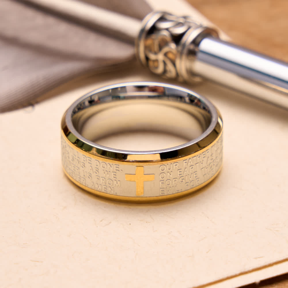 Deep Engraved Cross Lord’s Prayer Stainless Steel Wide Band Ring: Emblem of Abiding Heavenly Faith