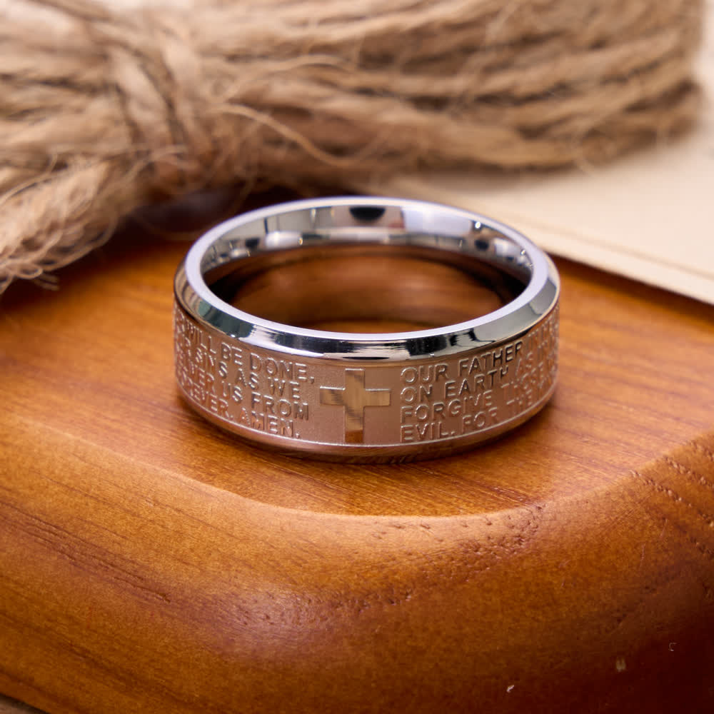 Deep Engraved Cross Lord’s Prayer Stainless Steel Wide Band Ring: Emblem of Abiding Heavenly Faith