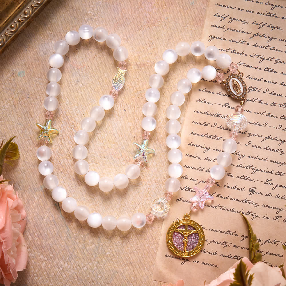 Summer Ocean Themed Frosted Matte Bead Rosary With Starfish & Fish Crystal Charms