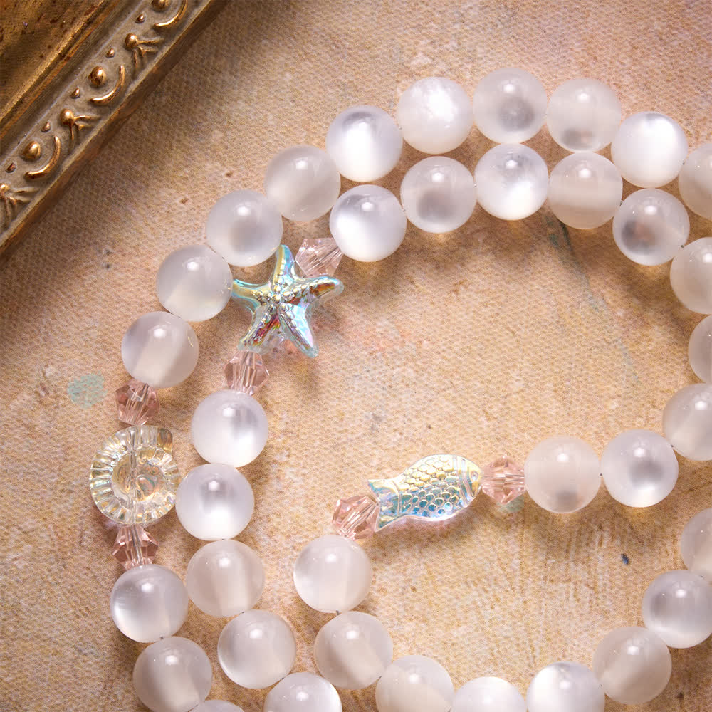 Summer Ocean Themed Frosted Matte Bead Rosary With Starfish & Fish Crystal Charms