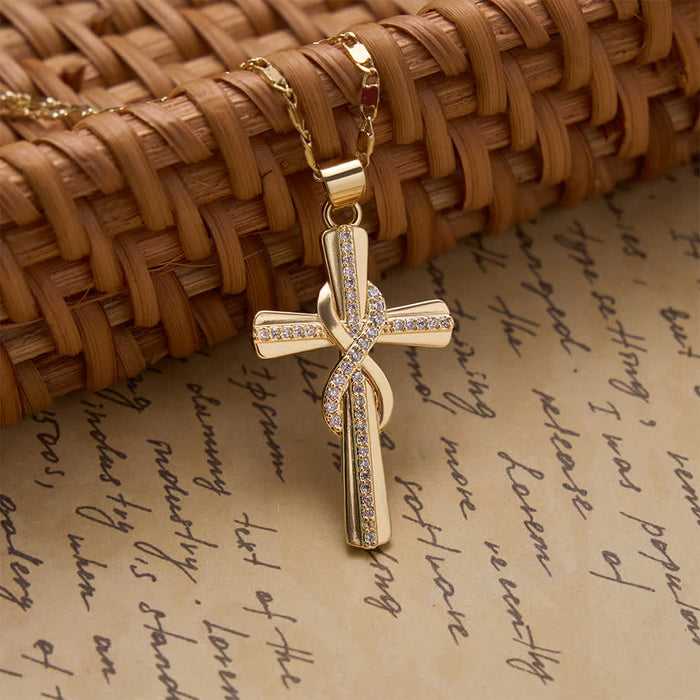 Intertwined Infinity Knot Paved Zircon Cross Box Chain Necklace: Emblem of Everlasting Heavenly Covenant