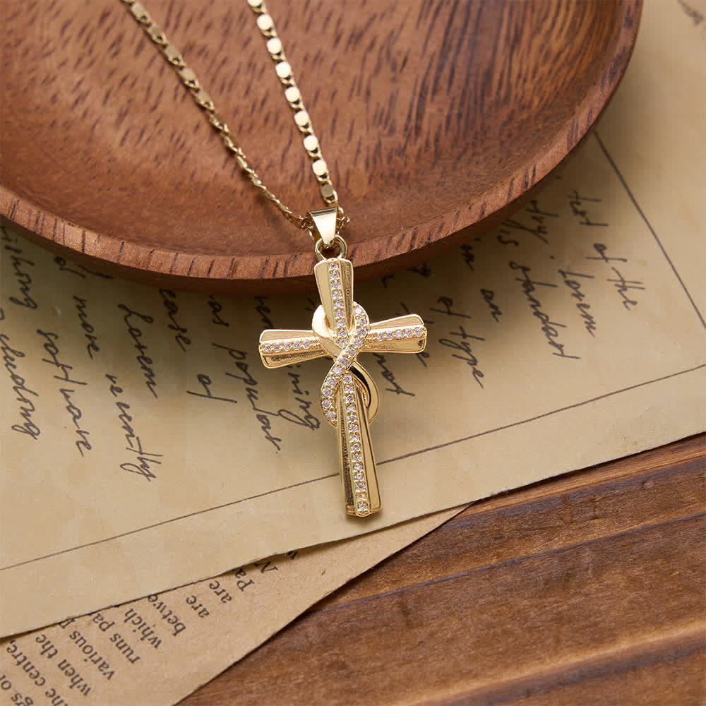 Intertwined Infinity Knot Paved Zircon Cross Box Chain Necklace: Emblem of Everlasting Heavenly Covenant