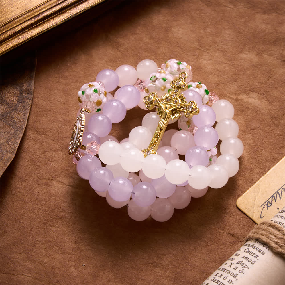 Gradient Pink Lavender Milky White Floral Glass Bead Rosary With Rhinestone Cross & Our Lady Medal