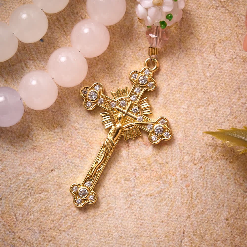 Gradient Pink Lavender Milky White Floral Glass Bead Rosary With Rhinestone Cross & Our Lady Medal