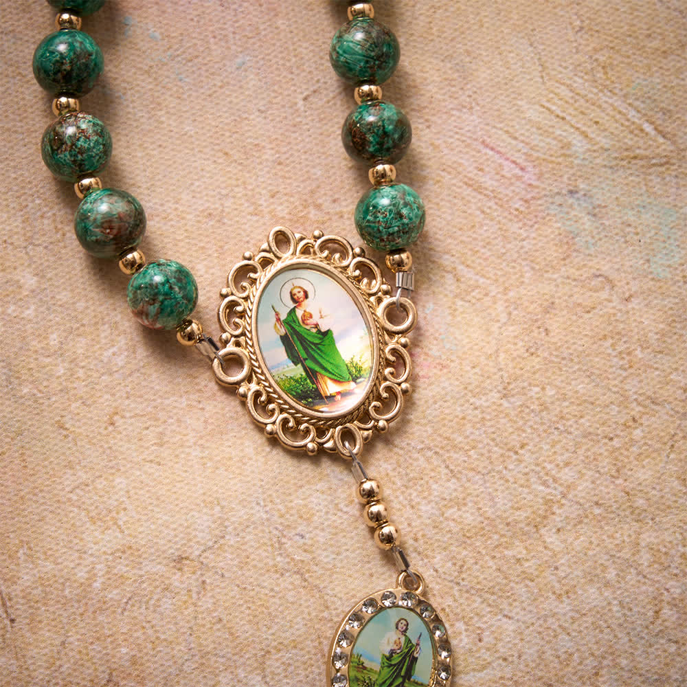 Natural Speckled Green Glass Rosary Decorated With Printed Saint Jude Oval Medallions