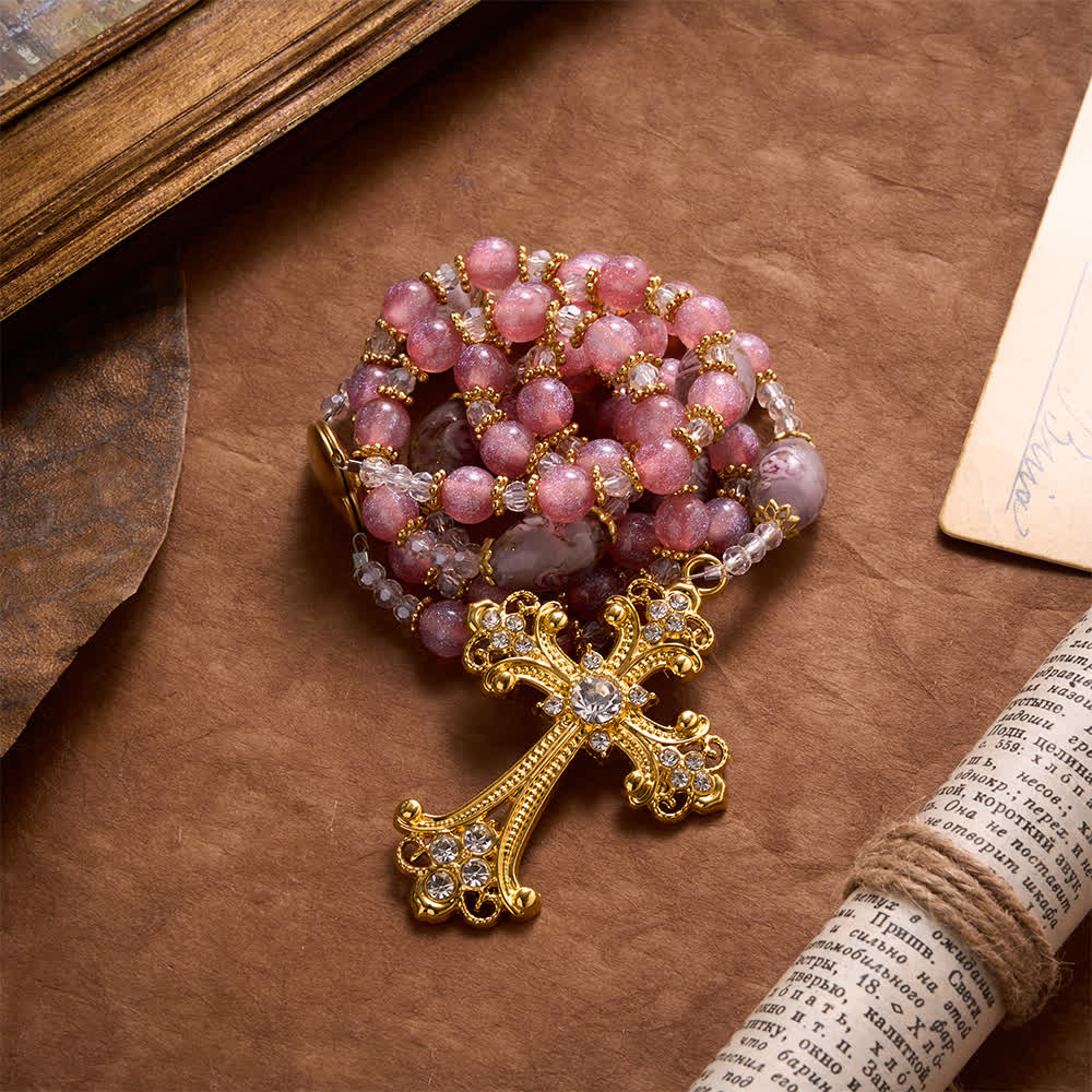 Luxe Pink Glitter Floral Glass Bead Rosary With Our Lady Heart Locket & Golden Cross: Emblem of Gentle Heavenly Purity