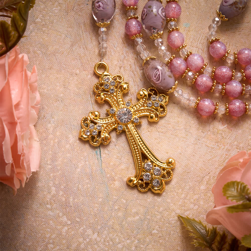Luxe Pink Glitter Floral Glass Bead Rosary With Our Lady Heart Locket & Golden Cross: Emblem of Gentle Heavenly Purity