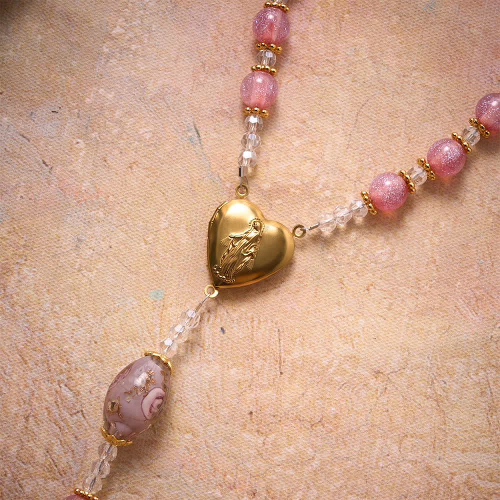Luxe Pink Glitter Floral Glass Bead Rosary With Our Lady Heart Locket & Golden Cross: Emblem of Gentle Heavenly Purity