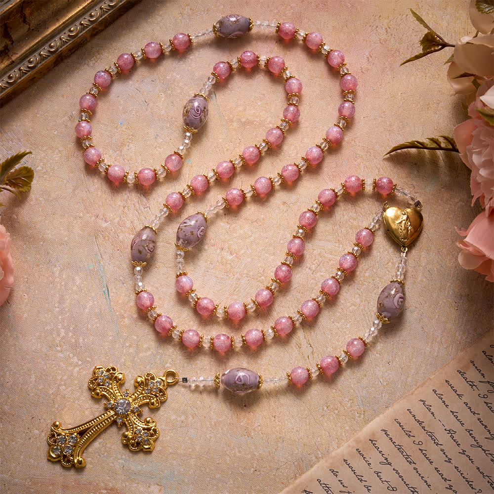 Luxe Pink Glitter Floral Glass Bead Rosary With Our Lady Heart Locket & Golden Cross: Emblem of Gentle Heavenly Purity