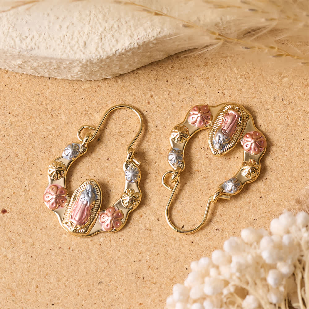 Tri-Toned Embossed Our Lady Wavy Horseshoe Hook Earrings With Floral Accents: Emblem of Tender Heavenly Shelter