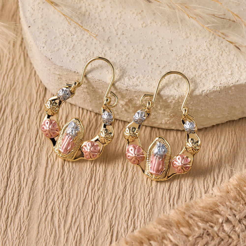 Tri-Toned Embossed Our Lady Wavy Horseshoe Hook Earrings With Floral Accents: Emblem of Tender Heavenly Shelter