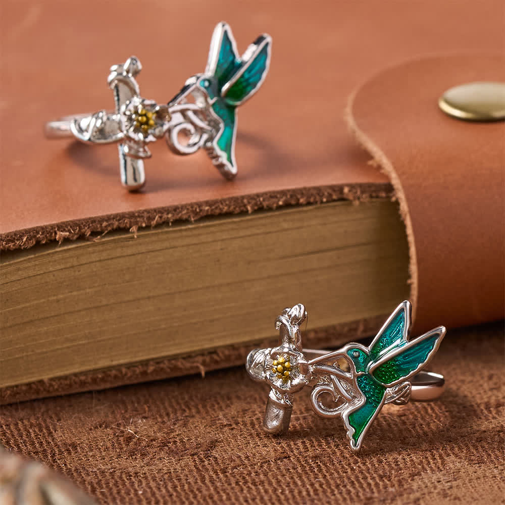 Green Enamel Hummingbird Floral Cross Ring: Emblem of Vigilant Heavenly Hope