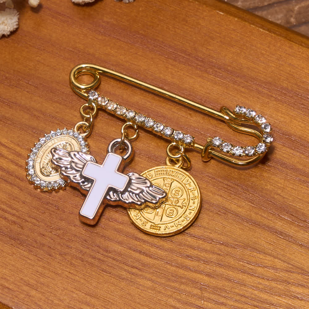 Rhinestone Brooch With Dangling Our Lady & Cross & Saint Benedict Charms: Emblem of Gentle Heavenly Shelter