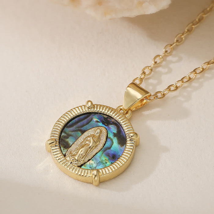 Vintage Embossed Round Our Lady Coin Necklace With Multi-Style Inlaid Base: Emblem of Tender Heavenly Shelter