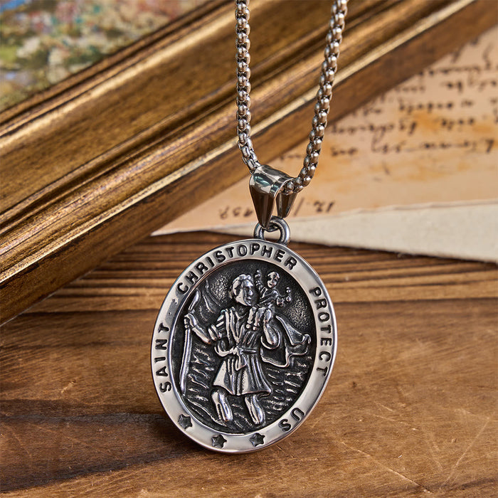 Vintage Embossed Saint Christopher Medallion Necklace: Emblem of Safe Celestial Travel