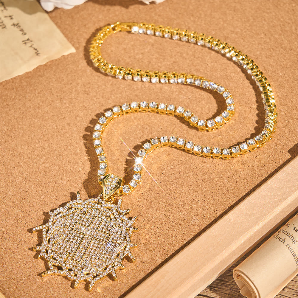 Iced Crown of Thorns Cross Medallion Tennis Chain: Emblem of Sacred Redeeming Grace