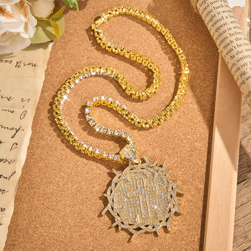 Iced Crown of Thorns Cross Medallion Tennis Chain: Emblem of Sacred Redeeming Grace