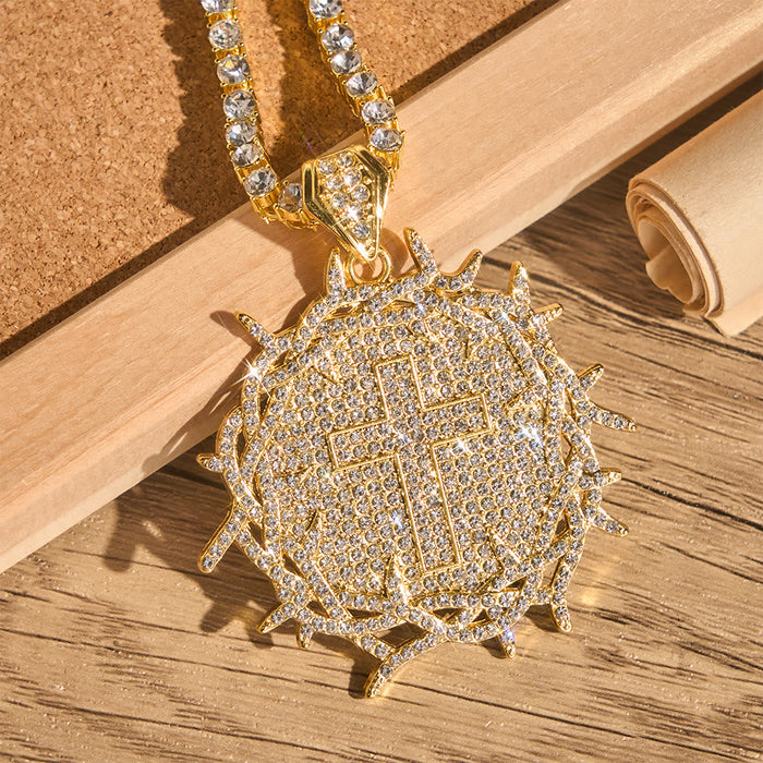 Iced Crown of Thorns Cross Medallion Tennis Chain: Emblem of Sacred Redeeming Grace