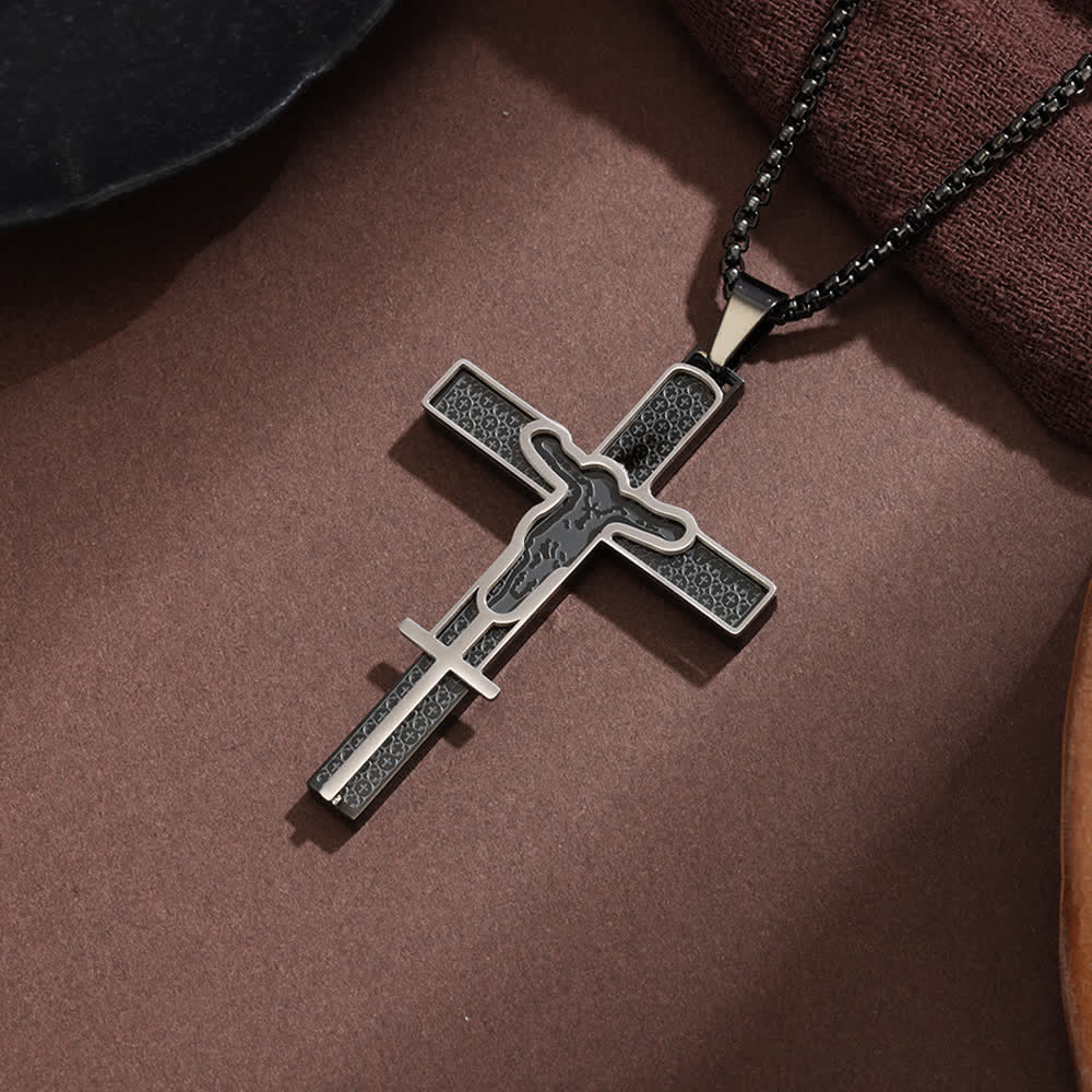 Layered Hollow Cutout Crucifix Box Chain Necklace With Textured Inlay Panel: Emblem of Boundless Heavenly Mercy
