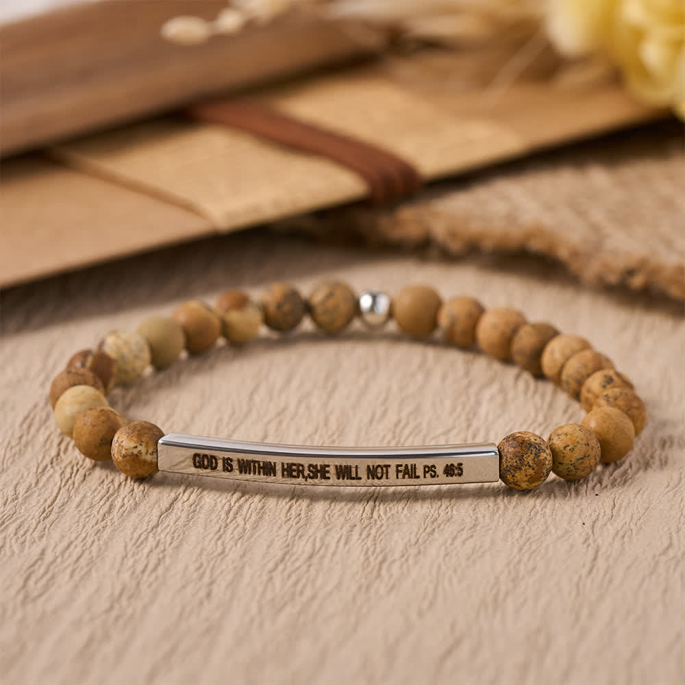 Engraved Curved Bar Stretch Beaded Bracelet With Psalm Verse God Is Within Her She Will Not Fail