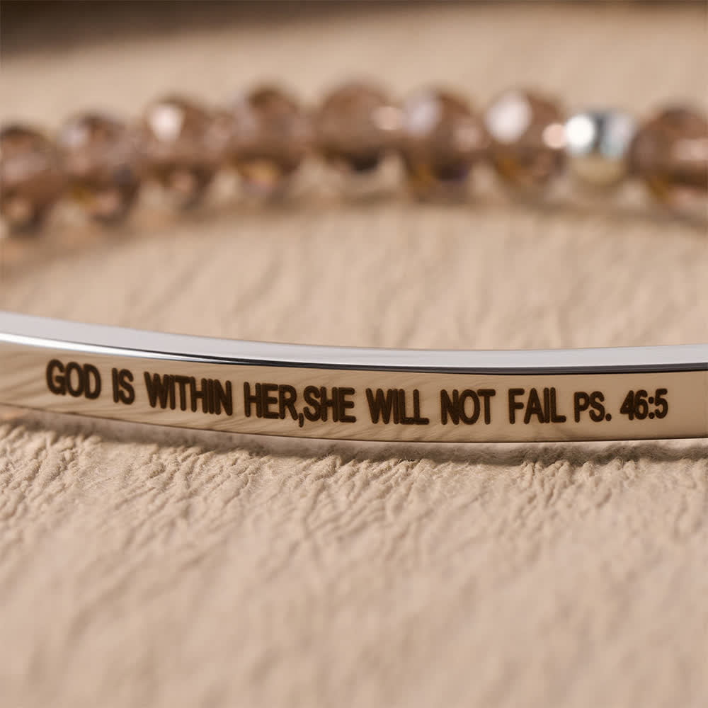 Engraved Curved Bar Stretch Beaded Bracelet With Psalm Verse God Is Within Her She Will Not Fail