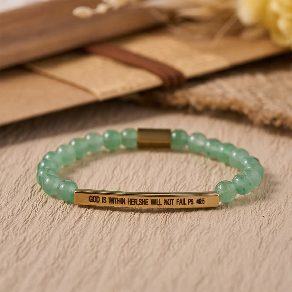 Engraved Curved Bar Stretch Beaded Bracelet With Psalm Verse God Is Within Her She Will Not Fail