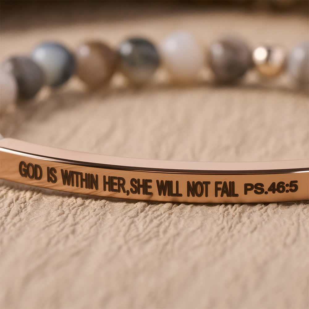 Engraved Curved Bar Stretch Beaded Bracelet With Psalm Verse God Is Within Her She Will Not Fail