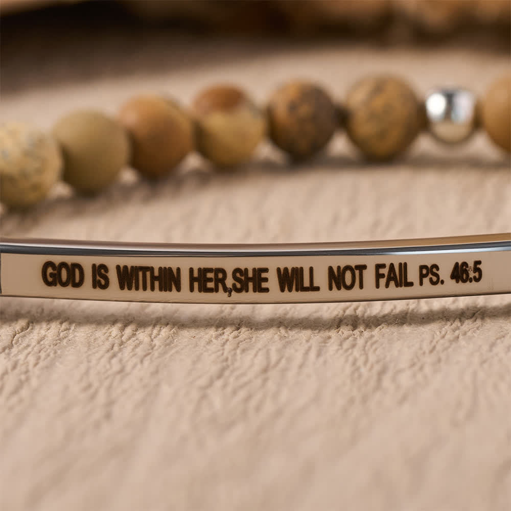 Engraved Curved Bar Stretch Beaded Bracelet With Psalm Verse God Is Within Her She Will Not Fail
