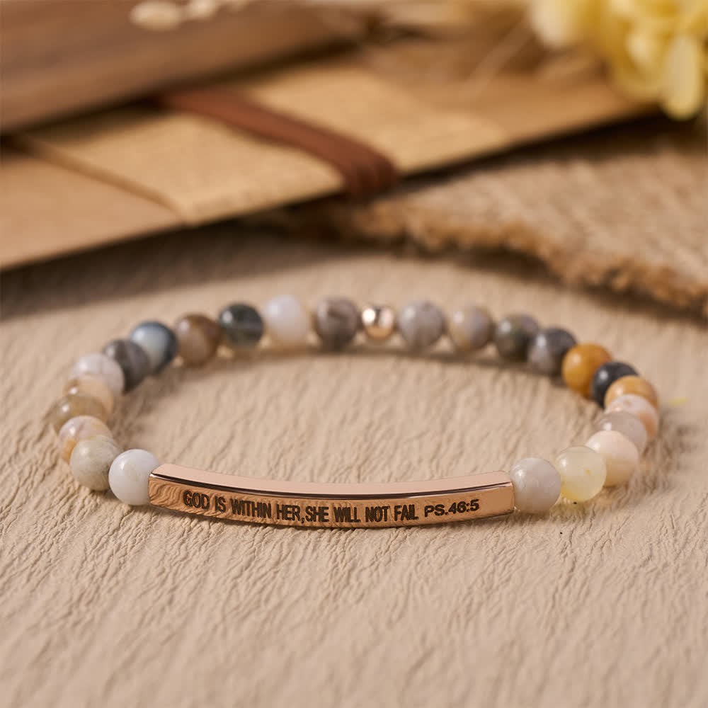 Engraved Curved Bar Stretch Beaded Bracelet With Psalm Verse God Is Within Her She Will Not Fail
