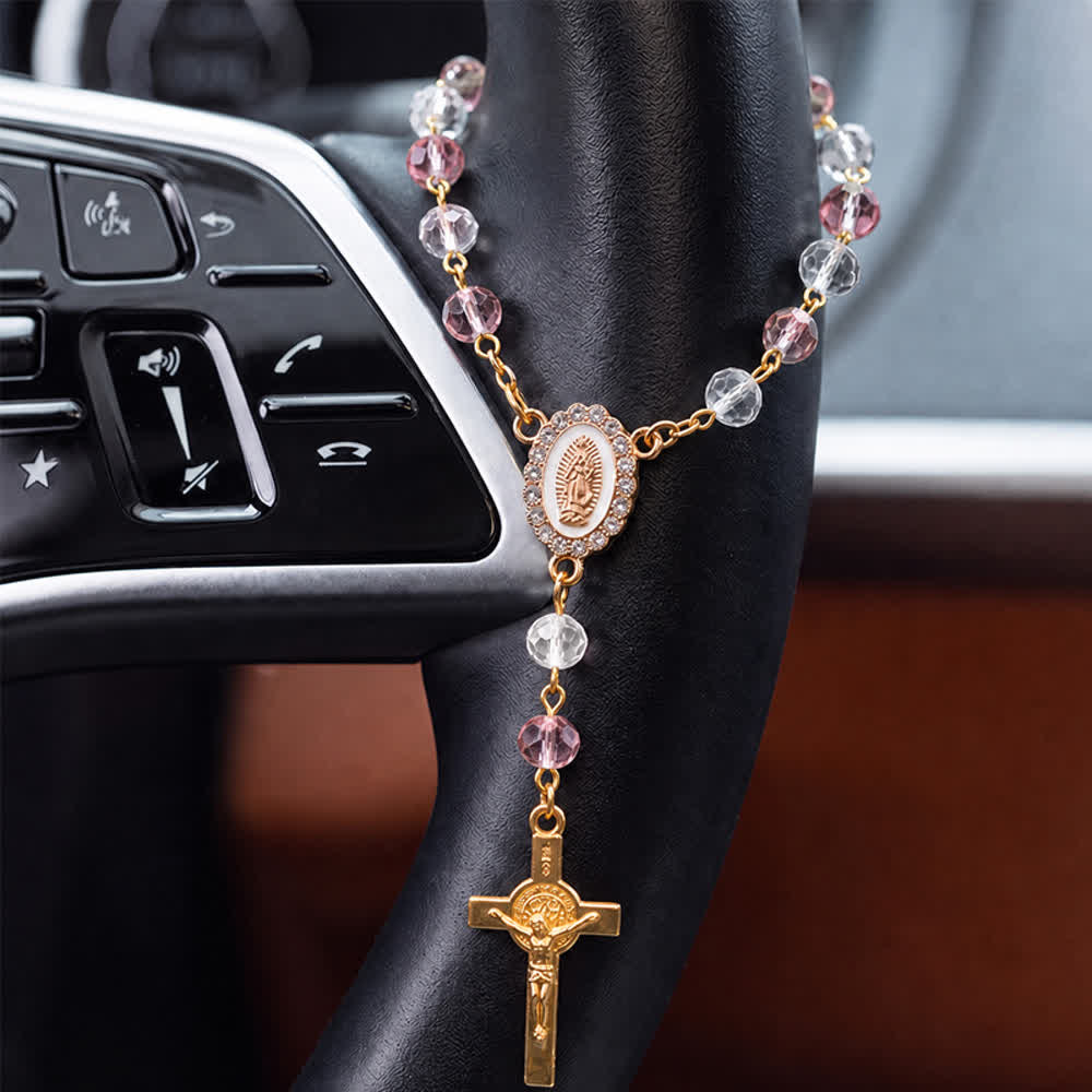 Oval Sacred Portrait Our Lady Multi-Tone Bead Crucifix Car Hanging Pendant: A Reminder of Merciful Divine Protection on Every Trip