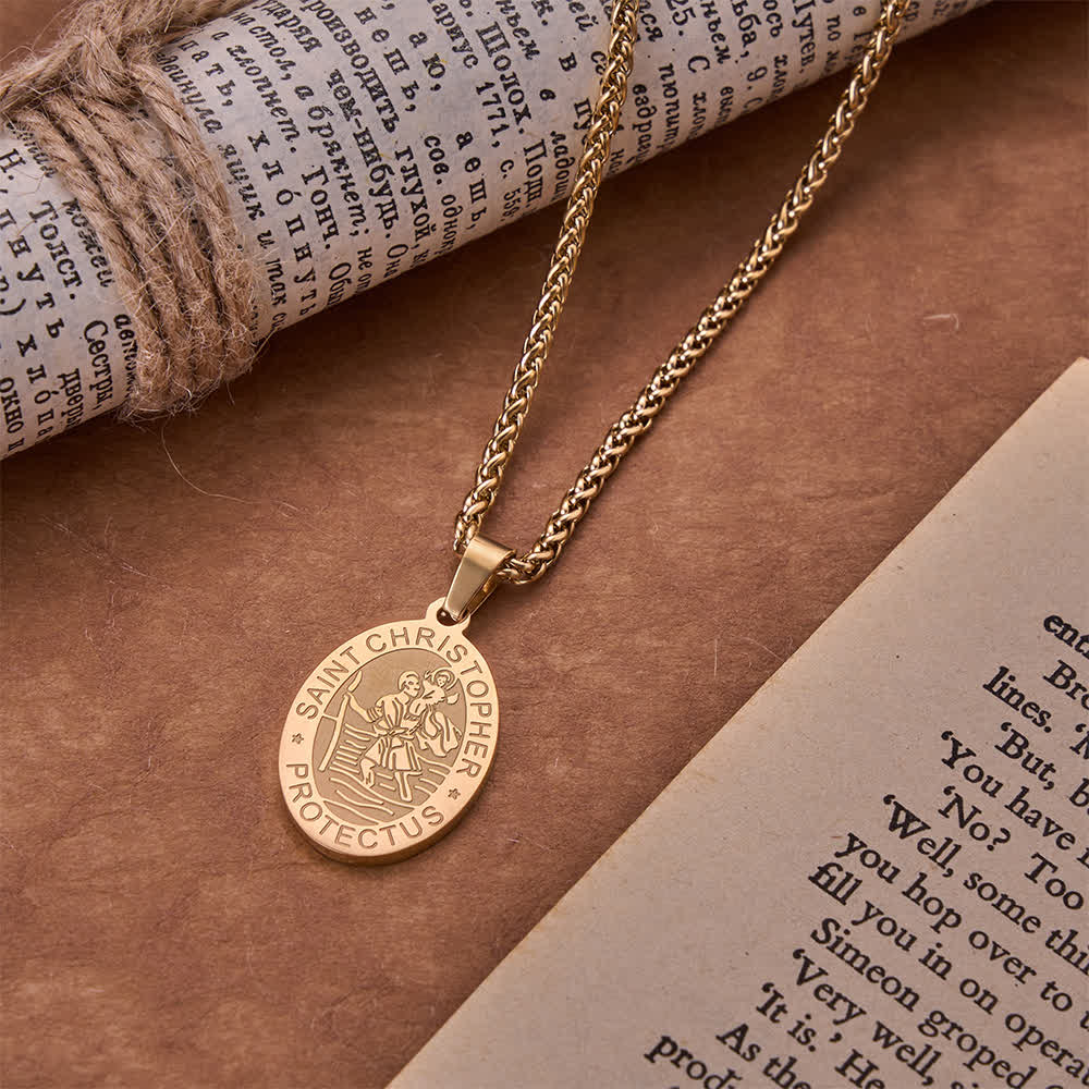 Oval Saint Christopher Engraved Medal Wheat Chain Necklace: Timeless Emblem of Gentle Heavenly Guardianship