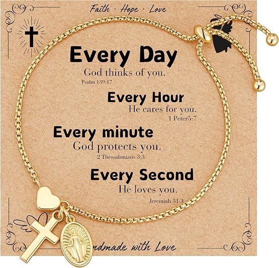 Adjustable Box Chain Charm Bracelet With Cross Heart & Holy Medal: Emblem of Tender Celestial Blessing