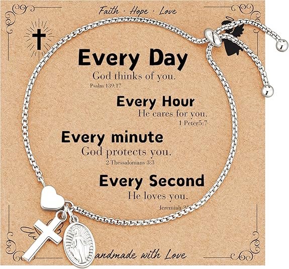 Adjustable Box Chain Charm Bracelet With Cross Heart & Holy Medal: Emblem of Tender Celestial Blessing