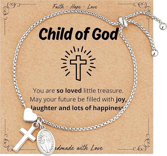 Adjustable Box Chain Charm Bracelet With Cross Heart & Holy Medal: Emblem of Tender Celestial Blessing