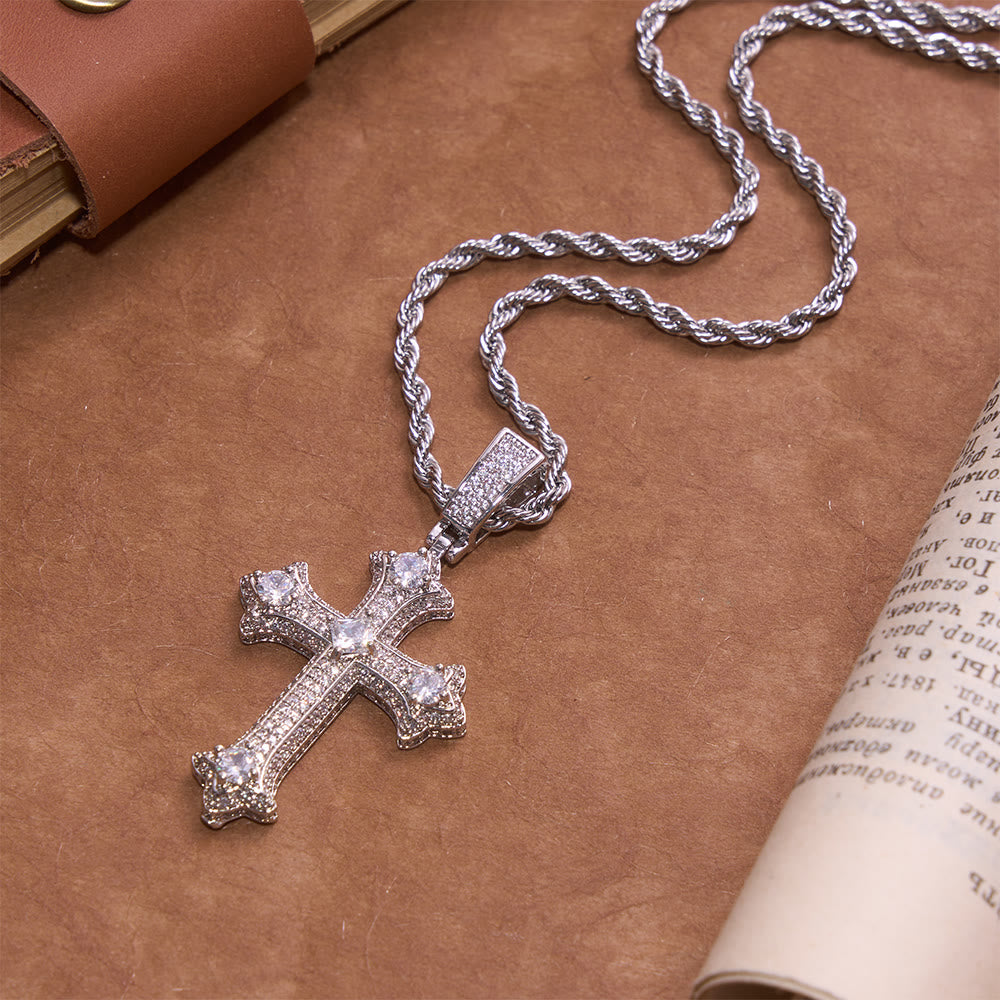 Iced Gothic Fleur Cross Pendant With Twist Rope Chain: Emblem of Radiant Celestial Fortitude