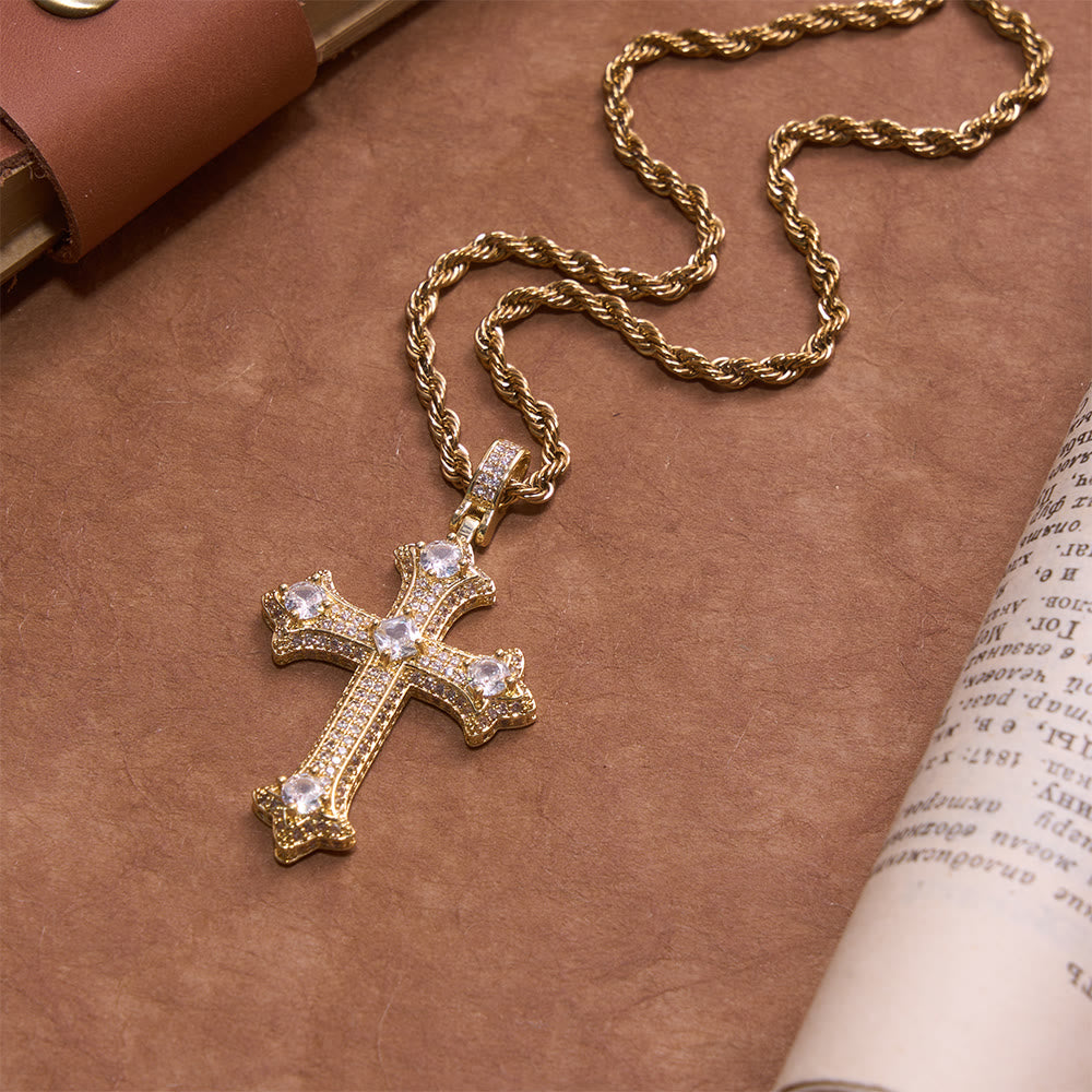 Iced Gothic Fleur Cross Pendant With Twist Rope Chain: Emblem of Radiant Celestial Fortitude