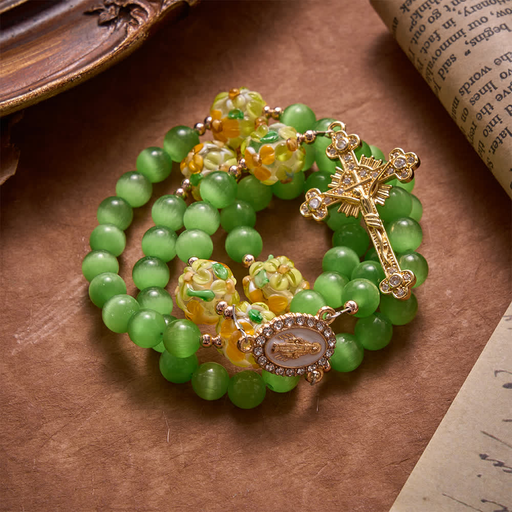 Green Cat's Eye Stone Rosary With Floral Lampwork Glass Beads: Emblem of Vibrant Heavenly Blessings