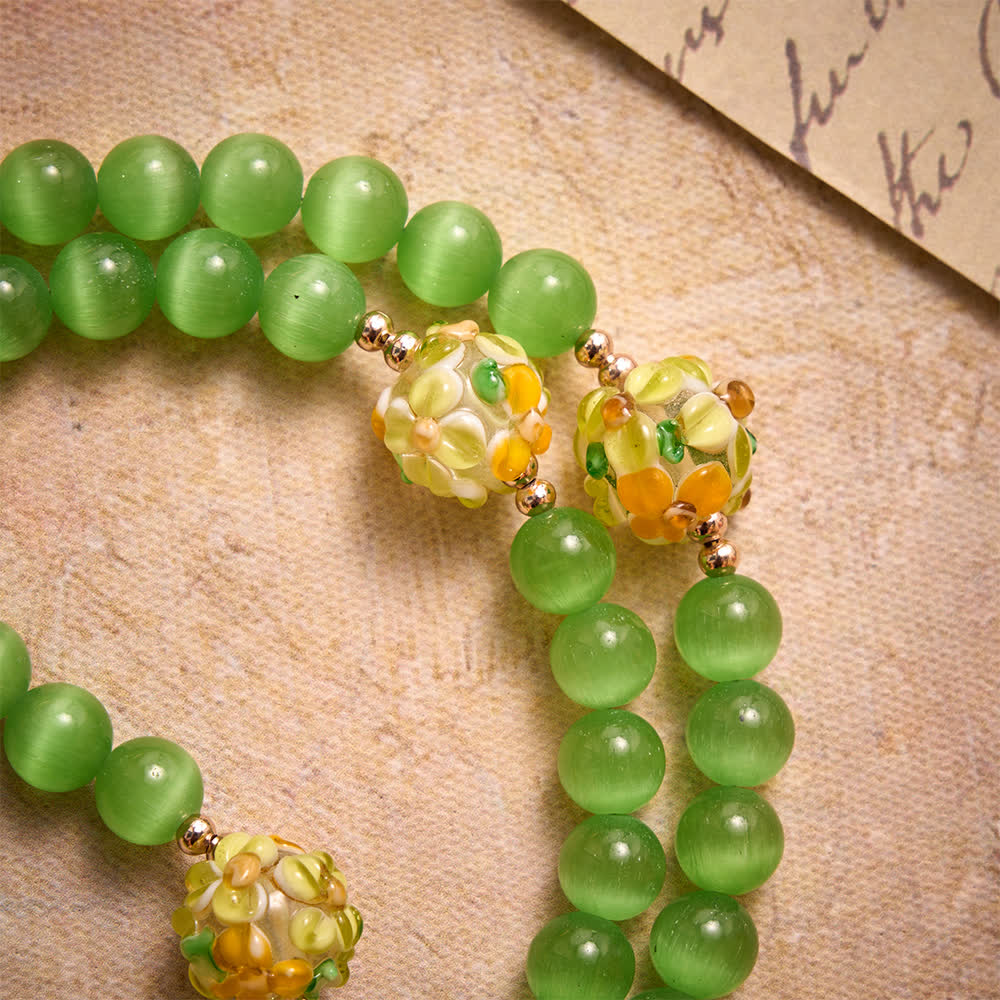 Green Cat's Eye Stone Rosary With Floral Lampwork Glass Beads: Emblem of Vibrant Heavenly Blessings