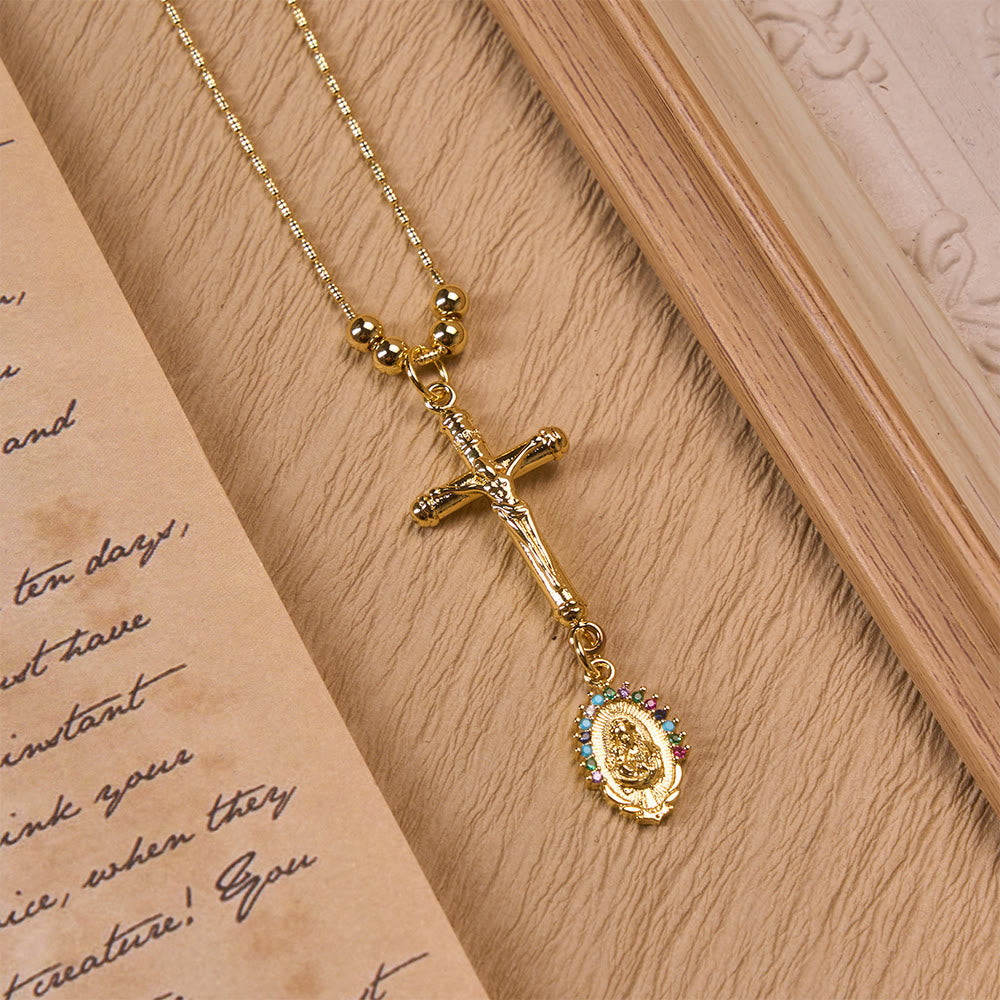 Carved Crucifix & Jeweled Holy Medallion Necklace: Emblem of Tender Heavenly Intercession
