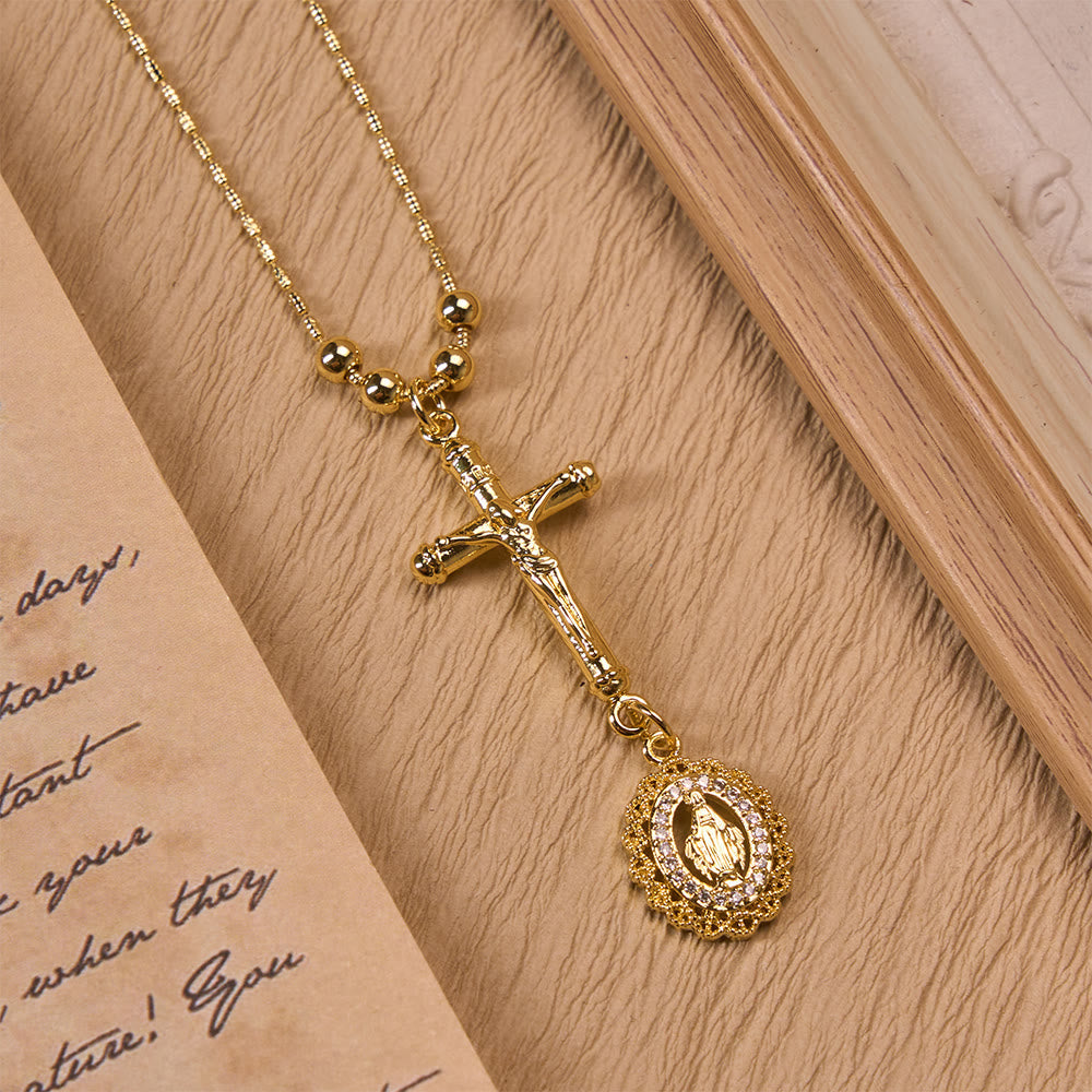 Carved Crucifix & Jeweled Holy Medallion Necklace: Emblem of Tender Heavenly Intercession