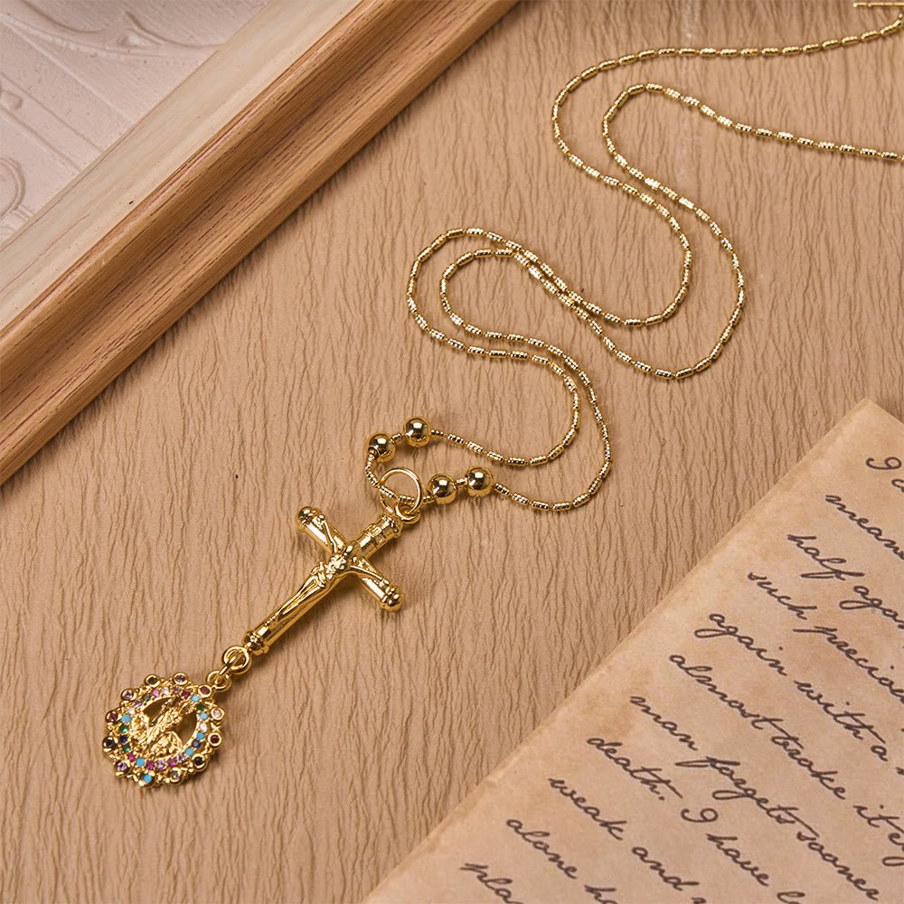 Carved Crucifix & Jeweled Holy Medallion Necklace: Emblem of Tender Heavenly Intercession