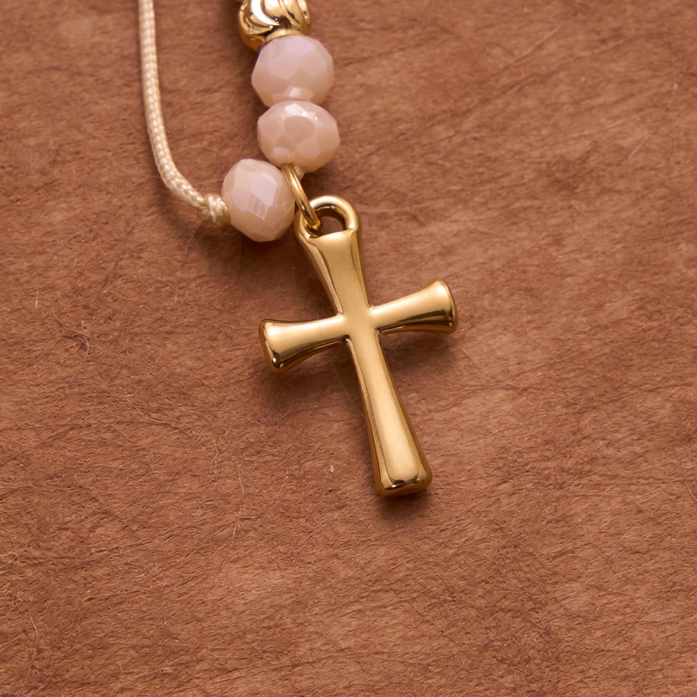 Faceted Crystal Bead Knotted Rosary Bracelet With Cross Charm: Emblem of Gentle Celestial Blessings