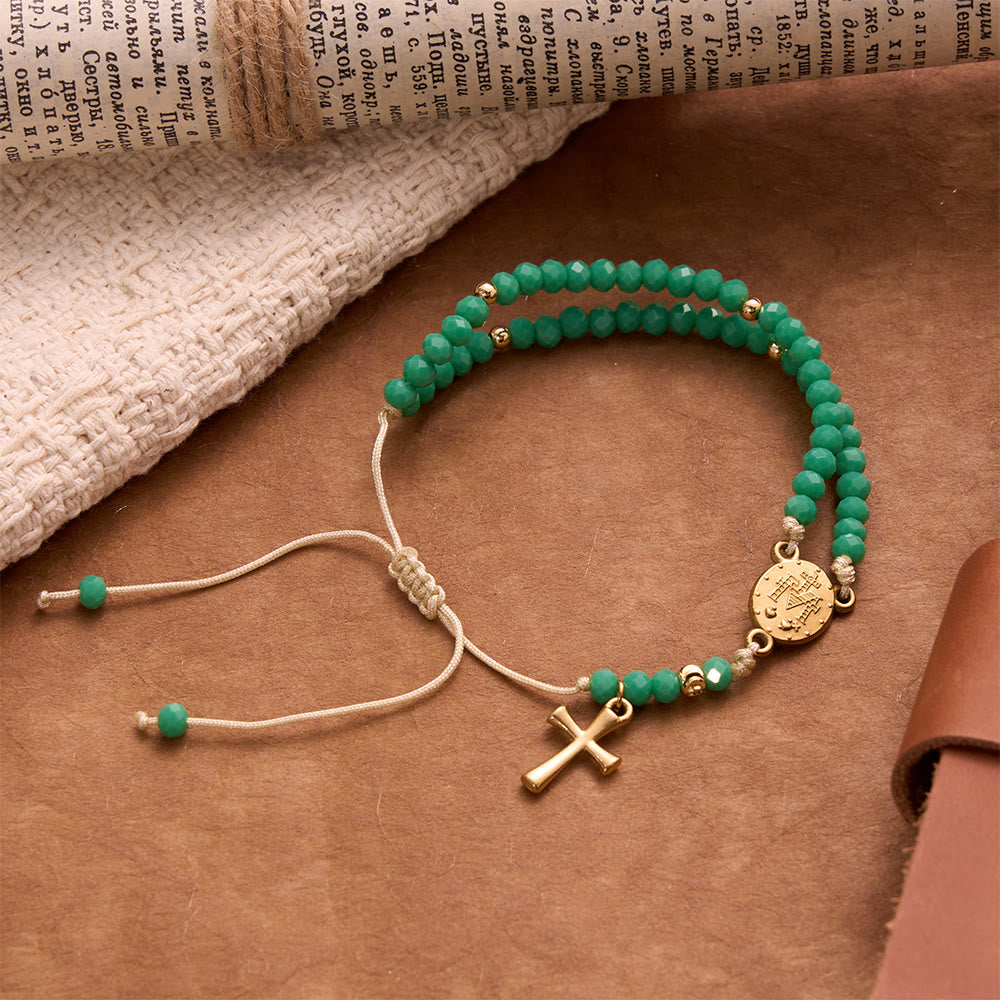 Faceted Crystal Bead Knotted Rosary Bracelet With Cross Charm: Emblem of Gentle Celestial Blessings