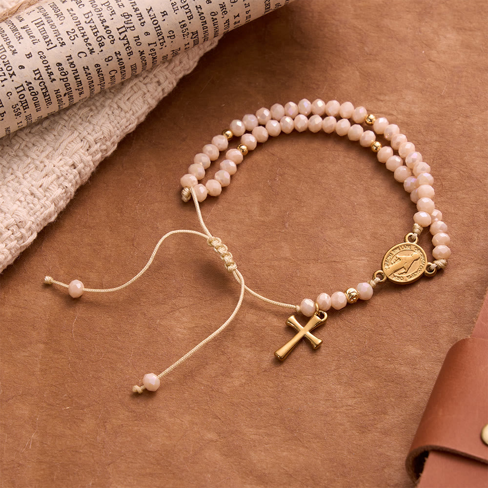 Faceted Crystal Bead Knotted Rosary Bracelet With Cross Charm: Emblem of Gentle Celestial Blessings